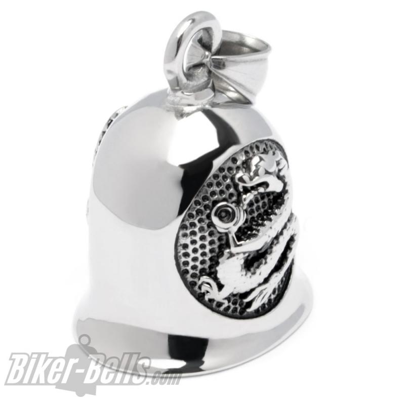 Drachen Biker-Bell aus Edelstahl silber poliert Motorrad Glücksglocke Geschenk